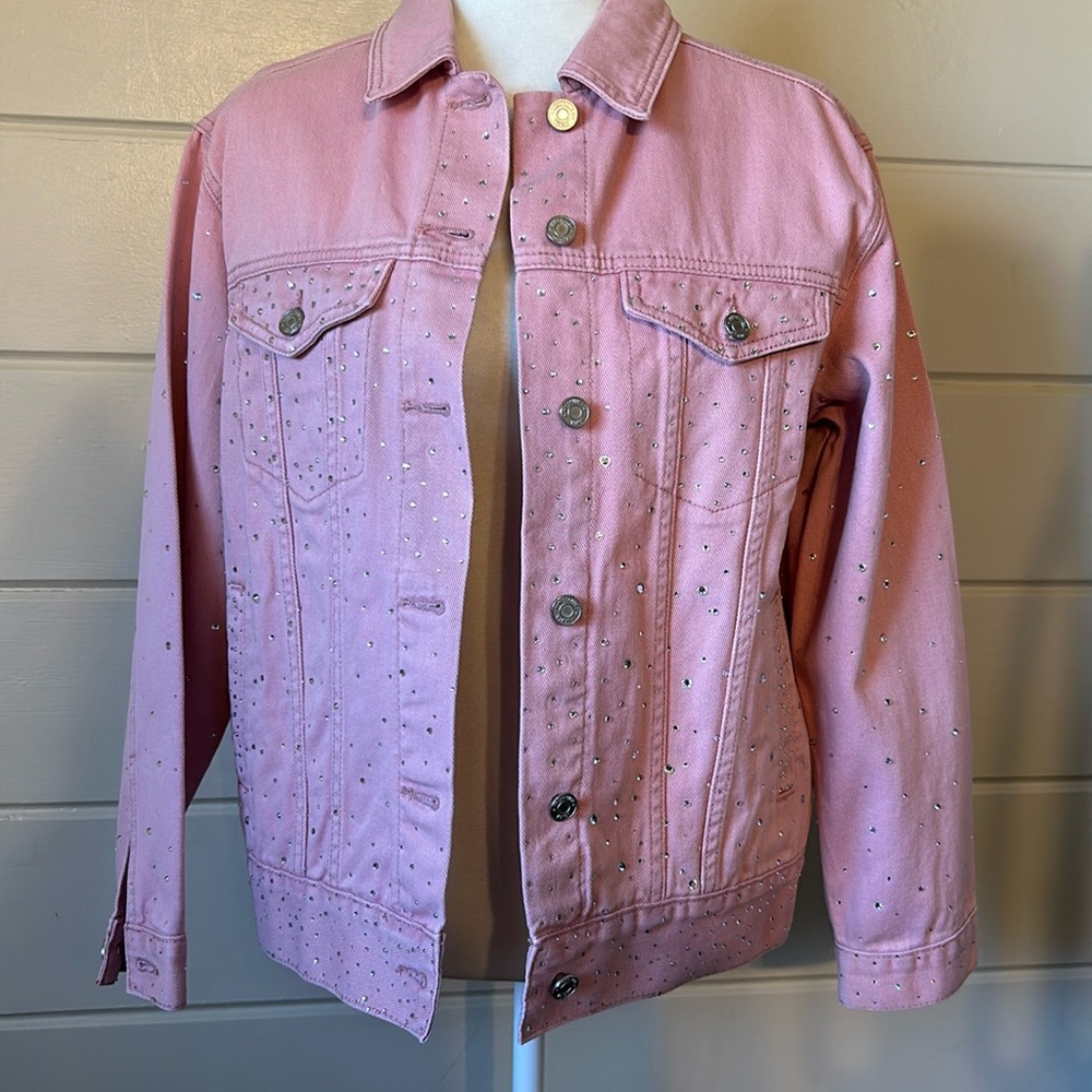 Missguided Pink Oversized Hand-Bedazzled Denim Jacket – One of a Kind (Size 2)